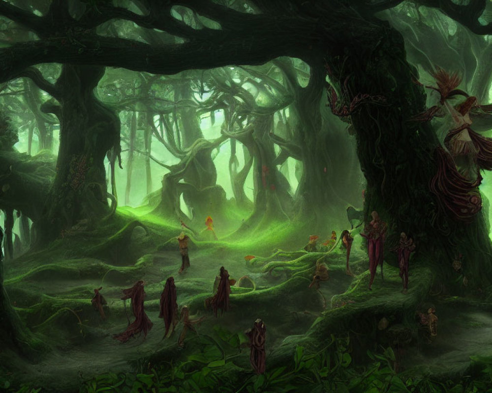 Ethereal forest with towering trees and mystical figures
