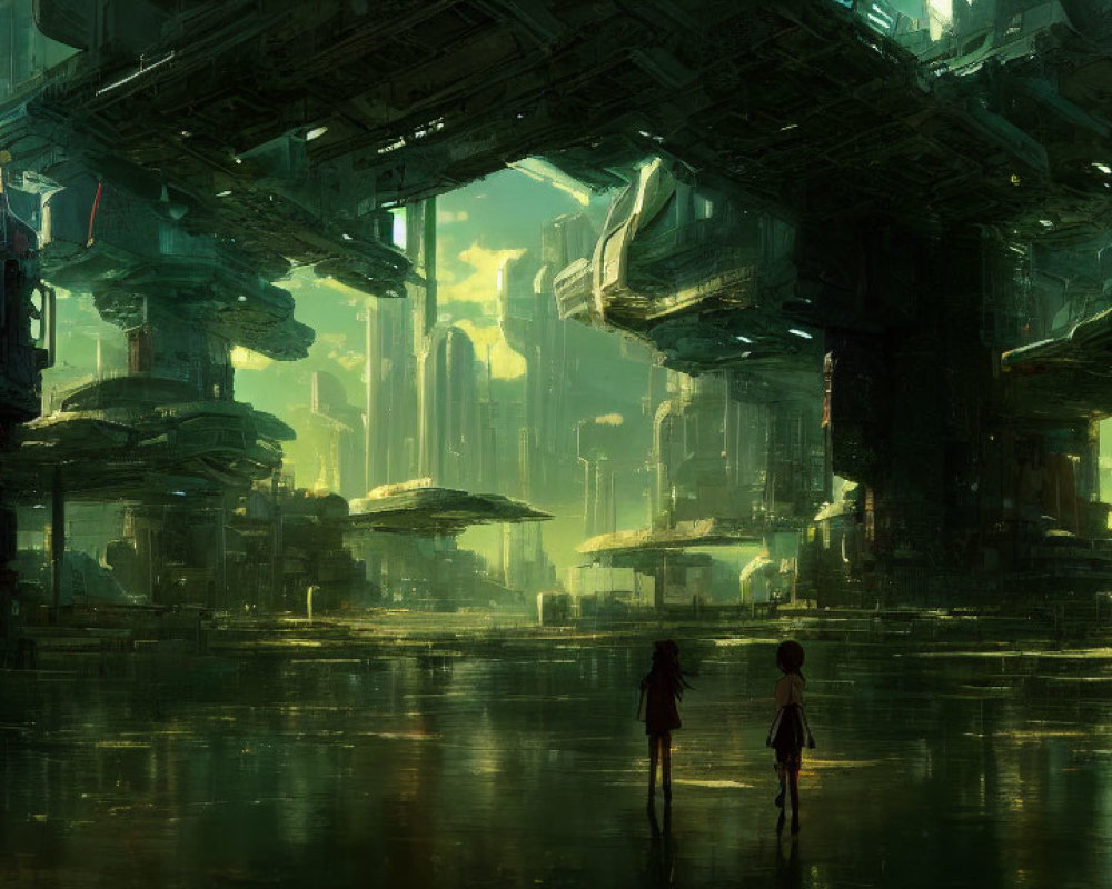 Futuristic cityscape with two figures on reflective surface