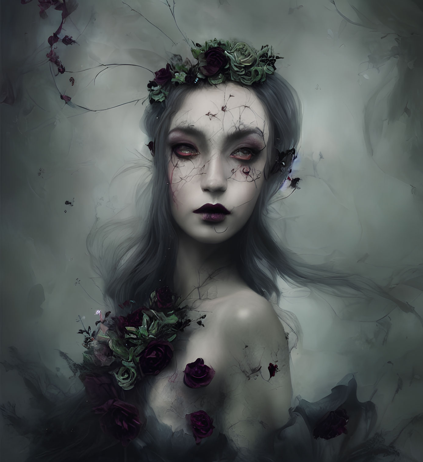 Ethereal gothic woman with flower crown in dark, cracked portrait