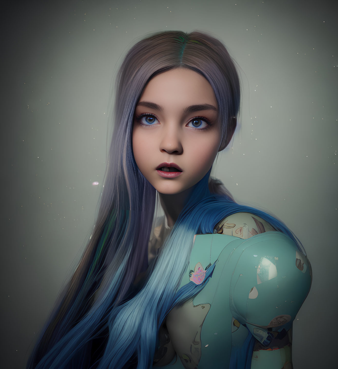 Digital Artwork: Young Woman with Blue-Gradient Hair and Green Suit with Butterfly Illustrations