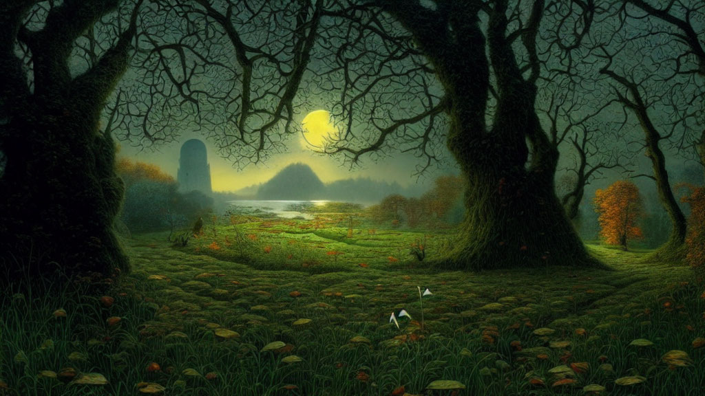 Moonlit fantasy landscape with large trees, glowing moon, serene lake, ancient ruin, and rabbits in