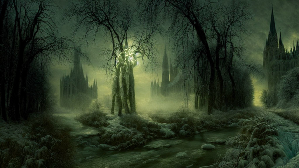Moonlit landscape with mist, river, leafless trees, and Gothic cathedral.