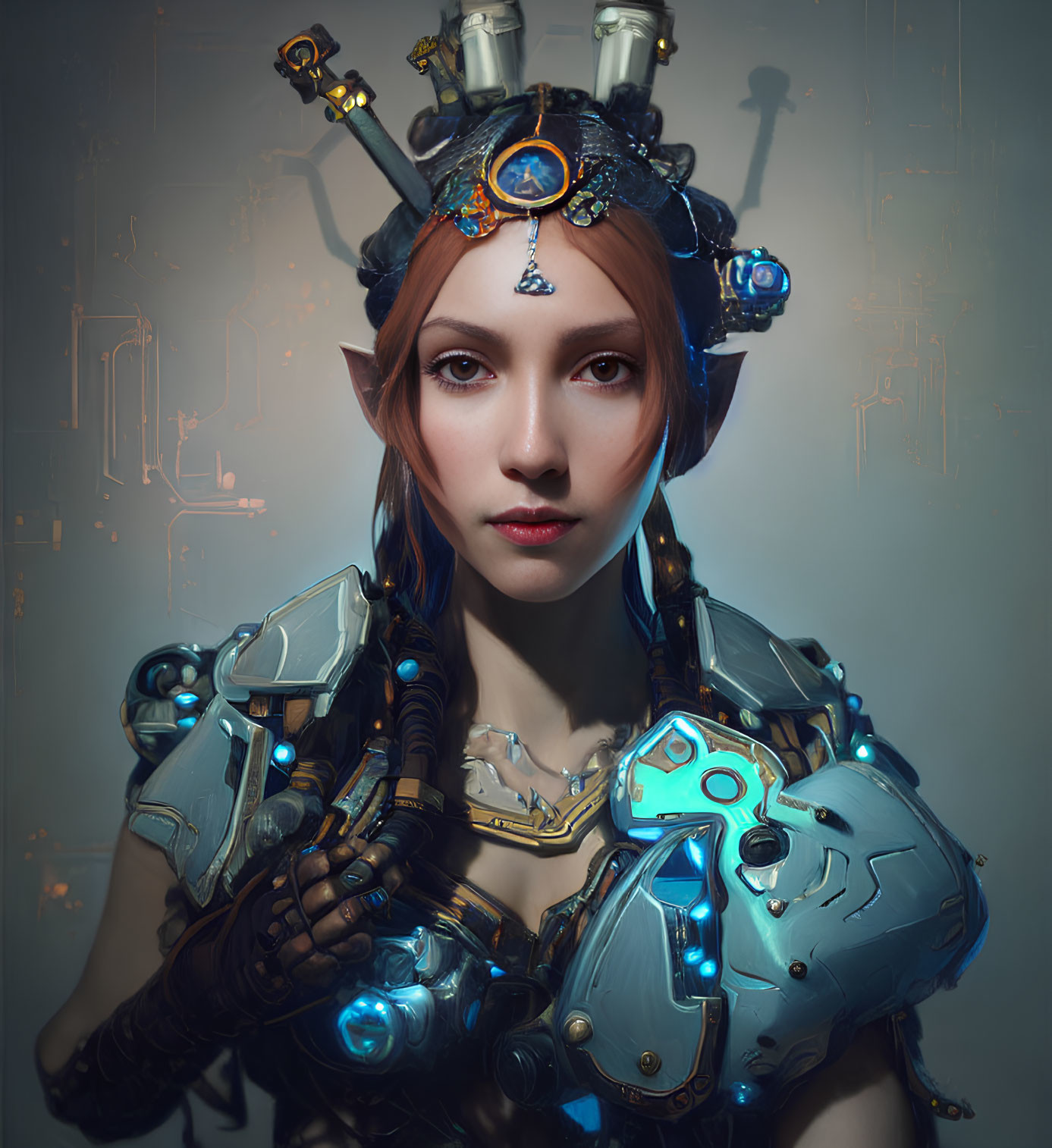 Futuristic cybernetic armor woman with glowing blue accents and orange hair