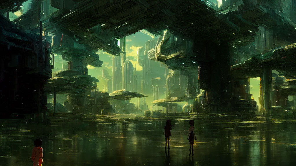 Futuristic cityscape with two figures on reflective surface