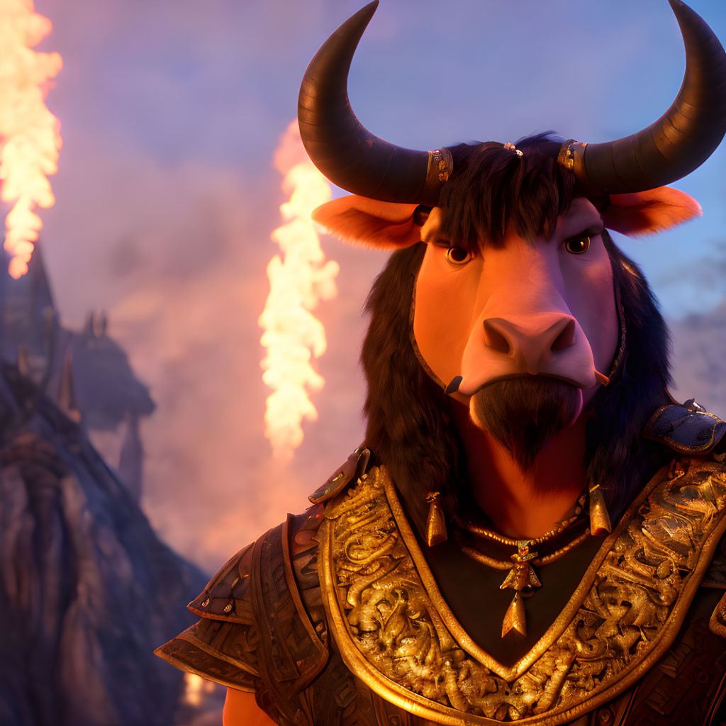 Animated bull character in armor with horns against fiery backdrop.