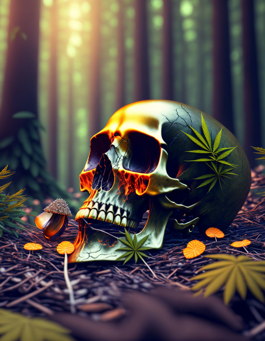 Vibrant skull art in mystical forest setting with marijuana leaves and mushrooms