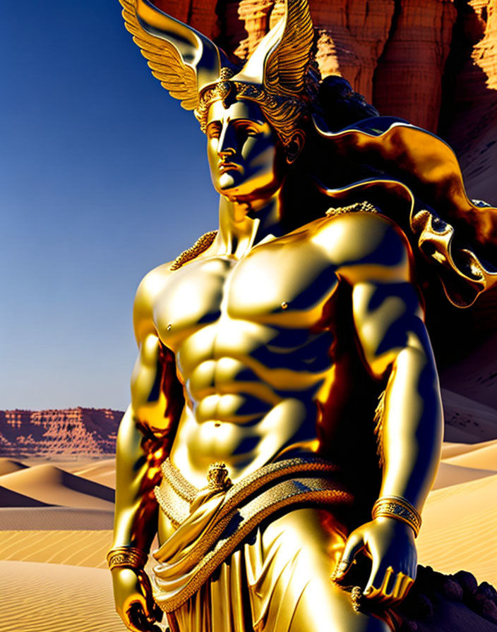Mythical winged warrior statue in desert landscape