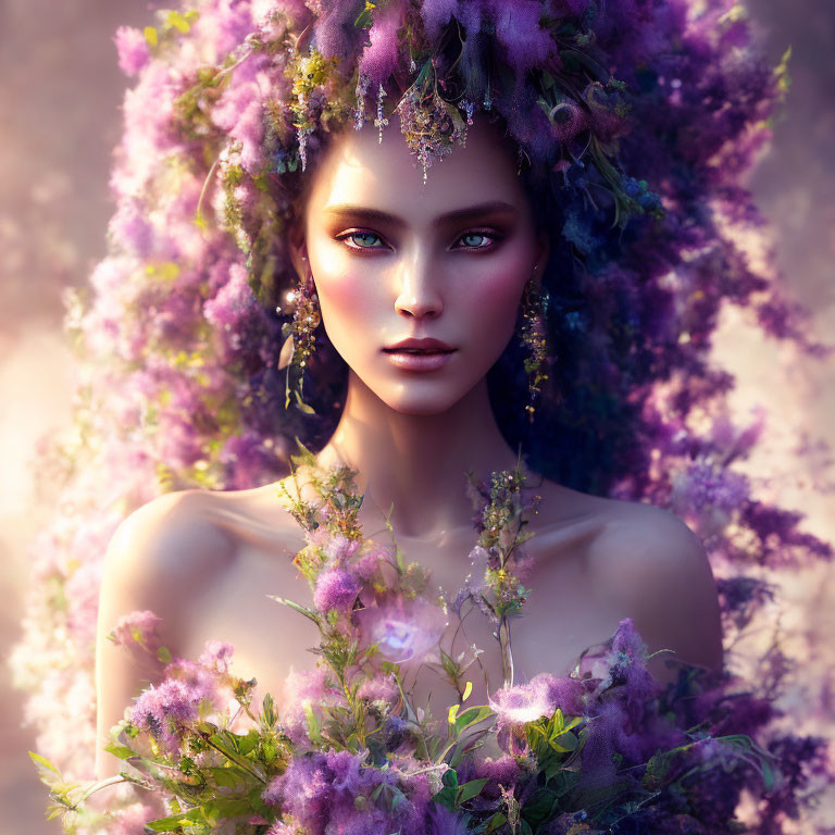 Woman with Purple Floral and Jeweled Hair Adornments Portrait