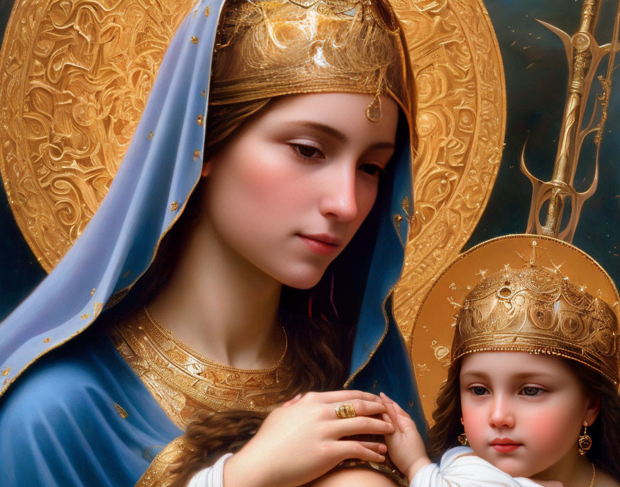Traditional religious painting: Woman and child with golden halos in ornate blue robes