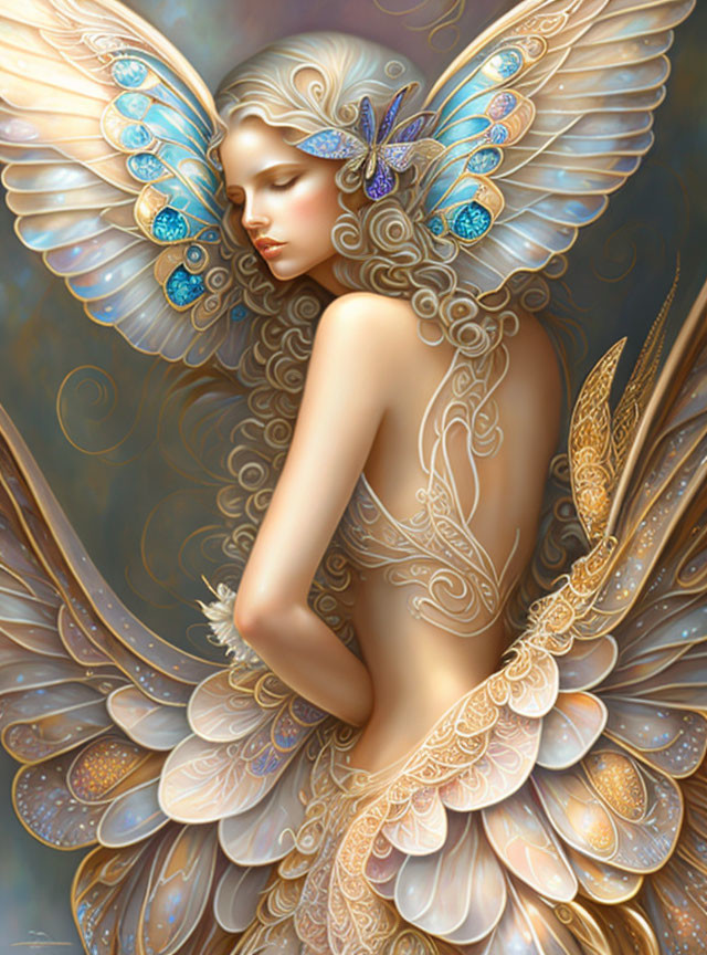 Pensive female figure with butterfly wings in warm colors