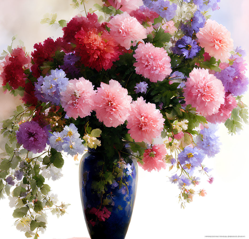 Colorful Flower Bouquet in Dark Blue Vase on Soft Background
