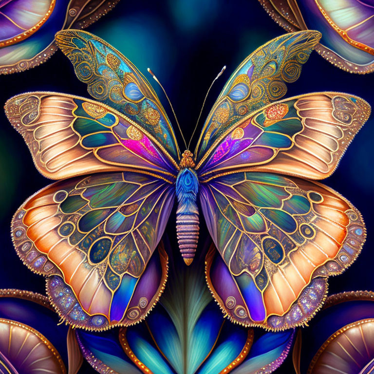 Symmetrical butterfly with vibrant colors and intricate patterns