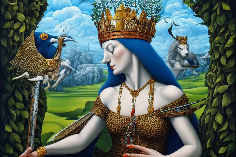 Surreal painting of blue-skinned queen with golden crown and mythical creatures