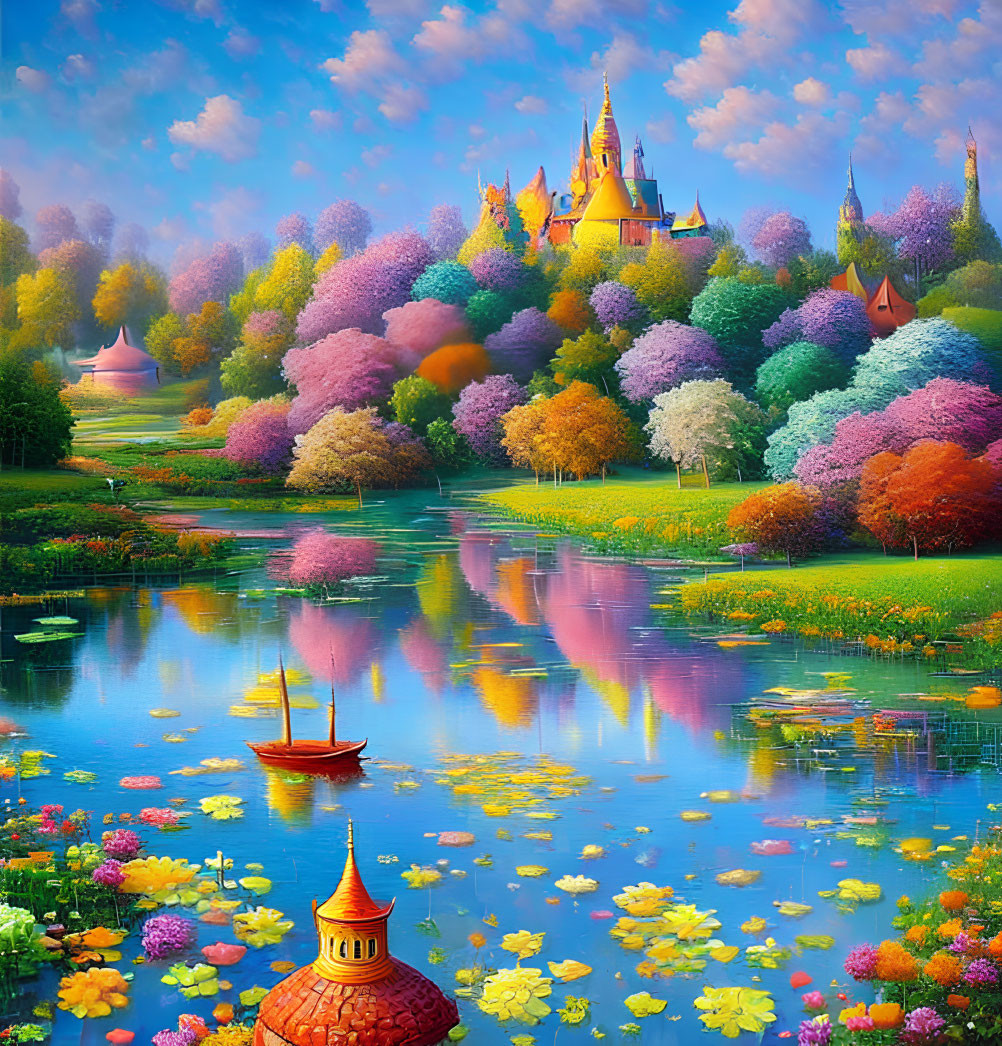 Colorful landscape with castle, blooming trees, river, boat, and flowers under blue sky