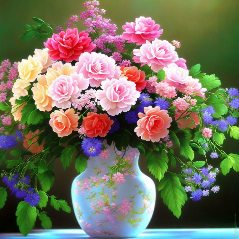 Colorful Mixed Flowers Bouquet in Pink, Red, and Purple in Blue Vase