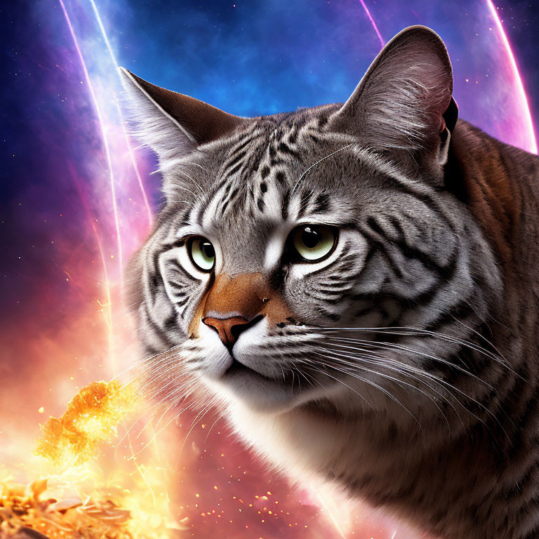 Detailed digital artwork: Tabby cat with green eyes in cosmic setting