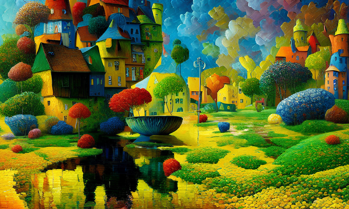 Vibrant, whimsical landscape with colorful houses and trees by serene water.