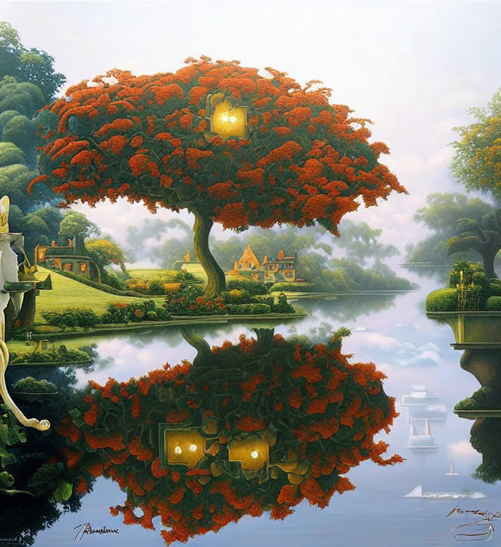 Colorful painting of tree, lantern, reflection in water, houses, serene landscape