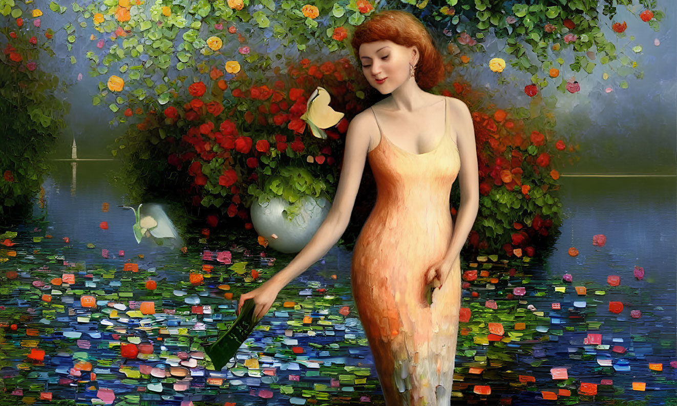 Red-haired woman in yellow dress surrounded by colorful flowers and butterflies by water.