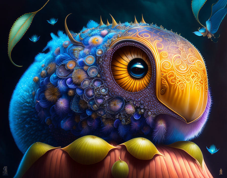Colorful Digital Artwork: Stylized Bird with Blue and Orange Patterns
