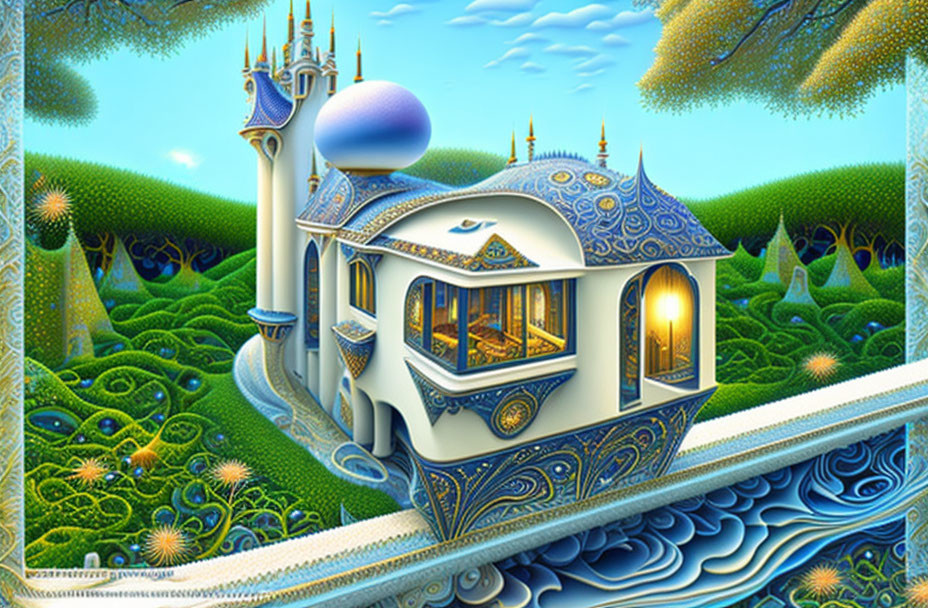 Fantastical palace illustration with blue and white towers in lush landscape