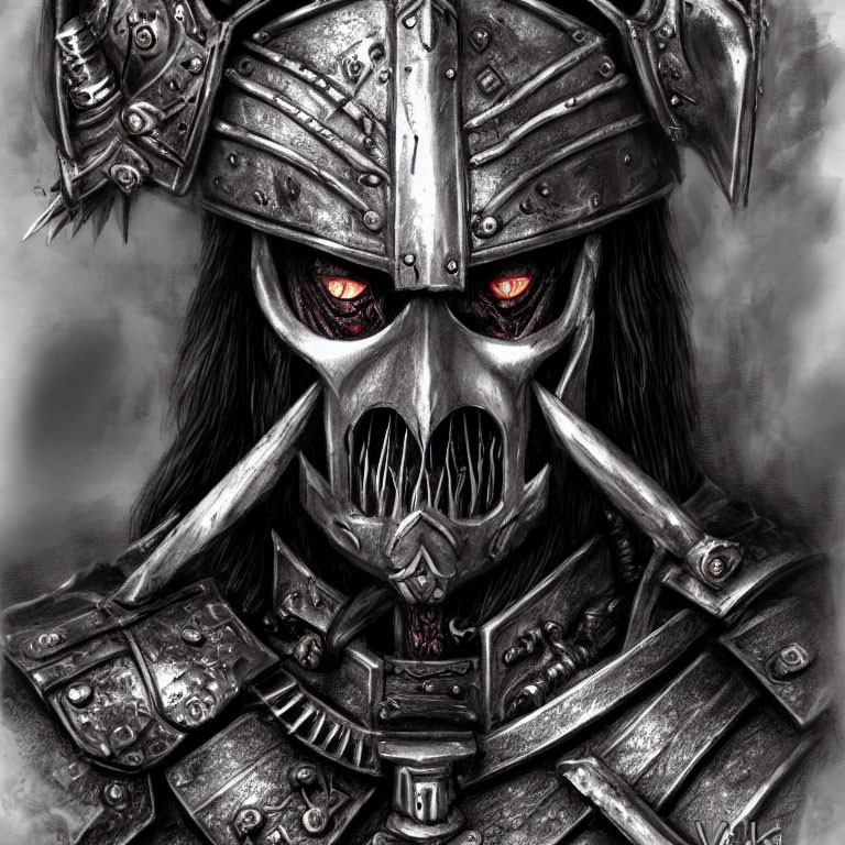 Menacing warrior with glowing red eyes in ornate skull-themed armor