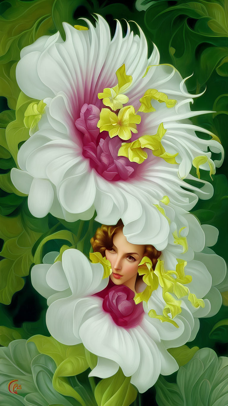Surreal image of woman's face in white and pink flowers