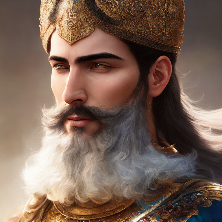 Regal man with beard in gold crown and armor portrait