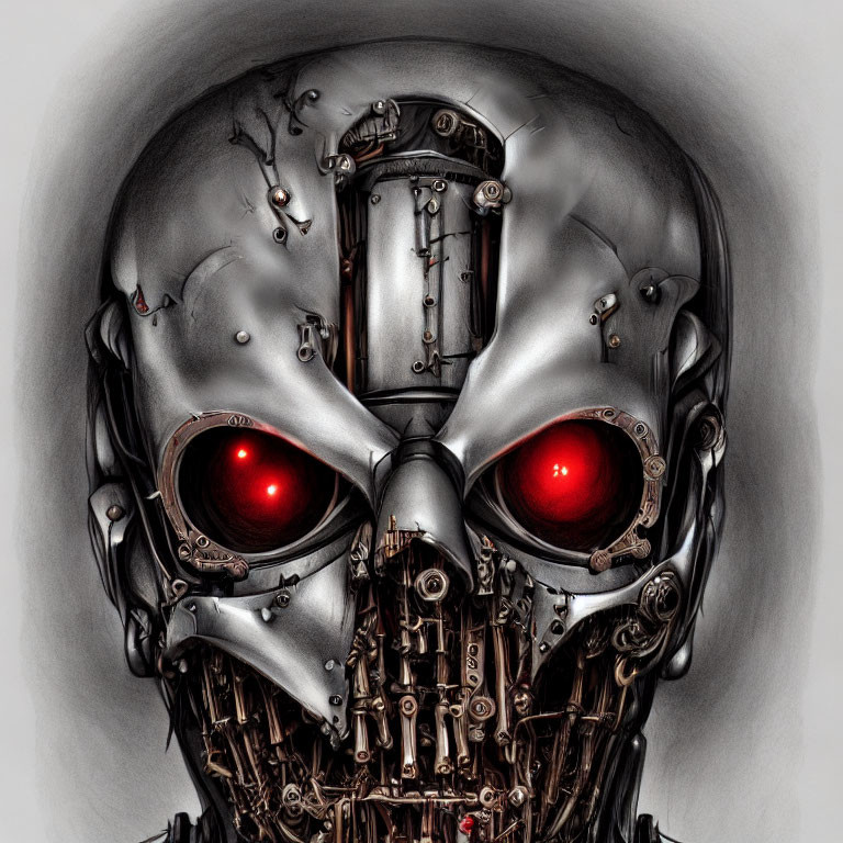 Detailed robotic skull with exposed mechanical internals and glowing red eyes