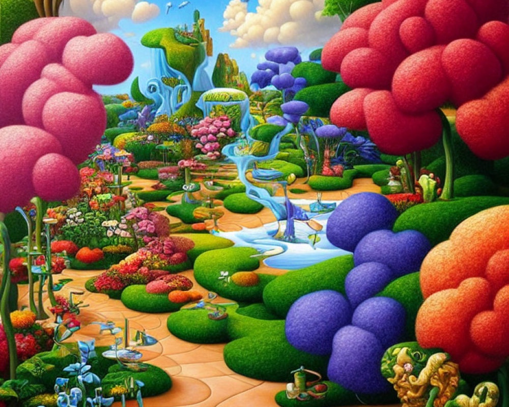 Colorful Fantasy Landscape with Oversized Flora and Meandering Stream