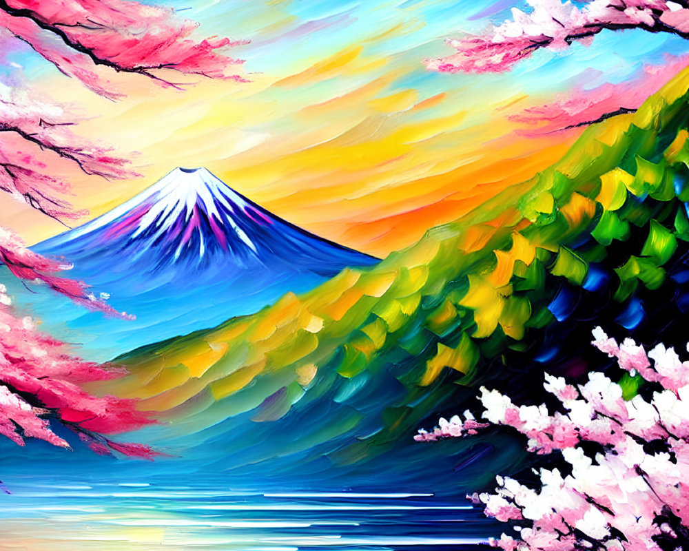 Scenic Mount Fuji painting with cherry blossoms and colorful skies