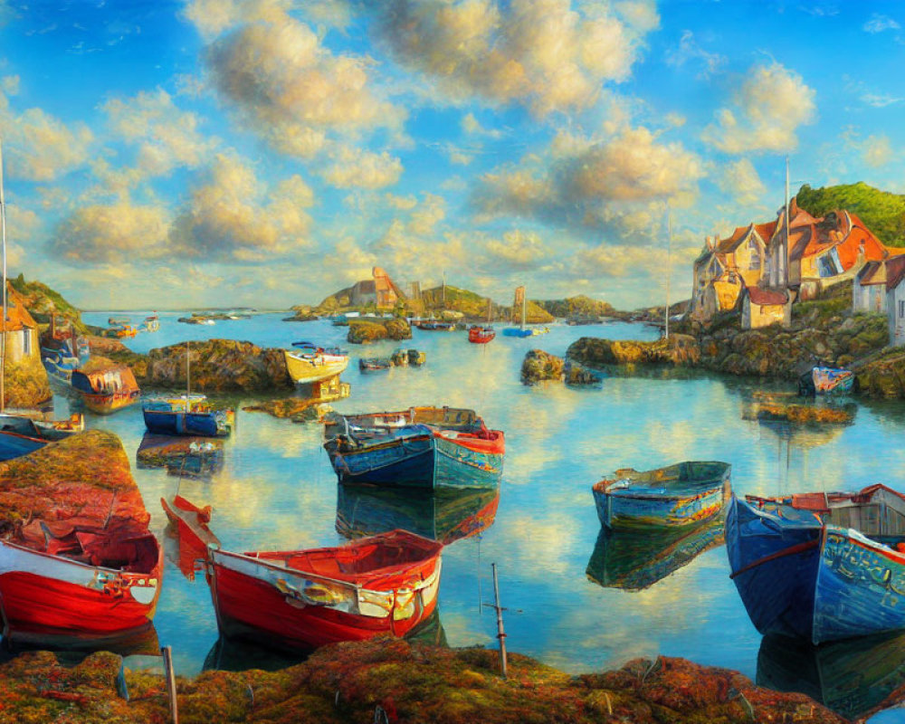 Tranquil harbor scene with colorful boats, quaint houses, rocky outcrops, and vibrant sky