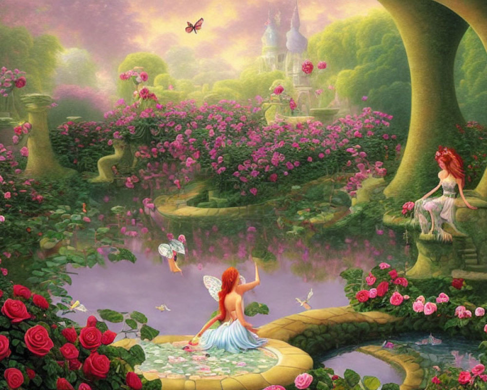 Vibrant fantasy garden with red-haired figures, roses, swan, and castle