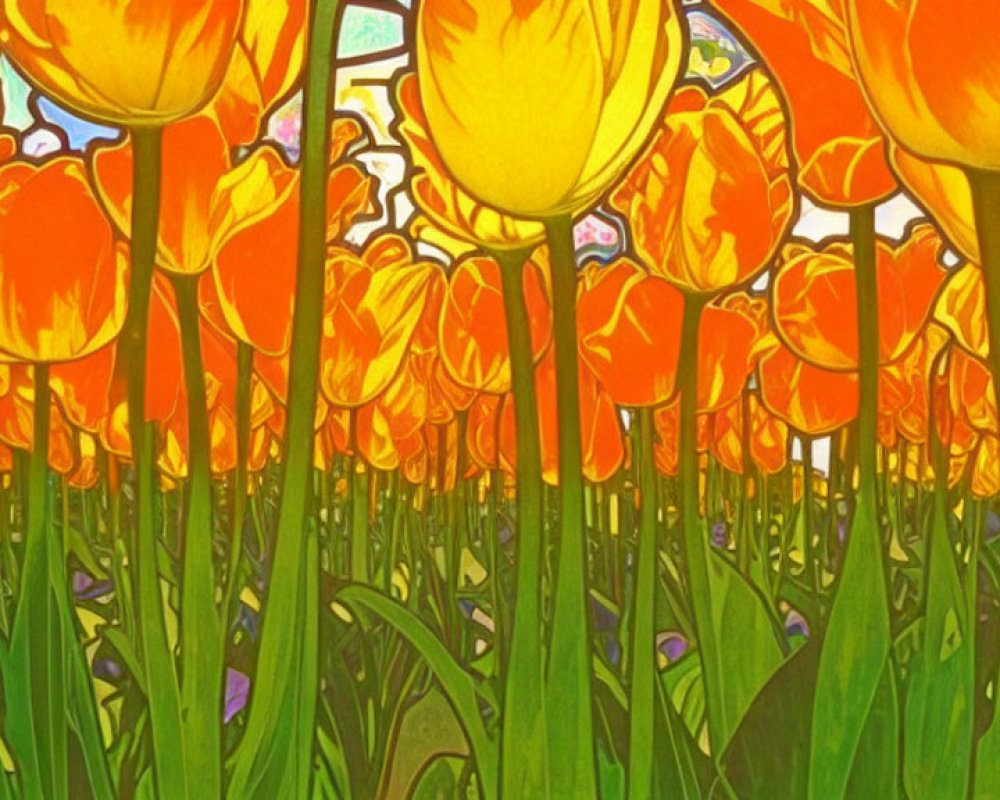 Vibrant orange tulips in front of stained-glass backdrop