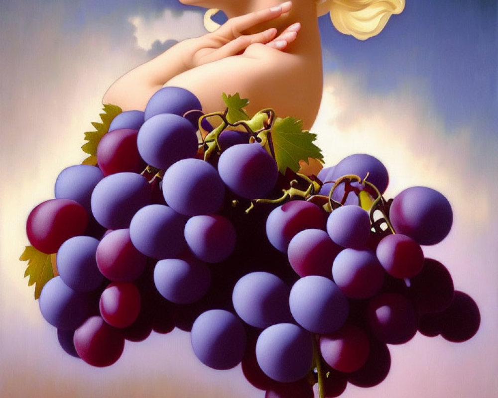 Stylized painting of woman with purple grapes in soft lighting