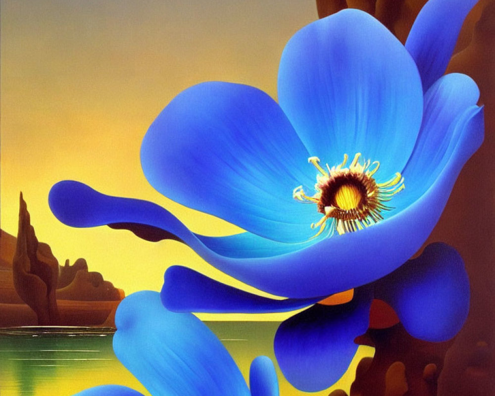 Colorful surreal painting of oversized blue flower in golden landscape