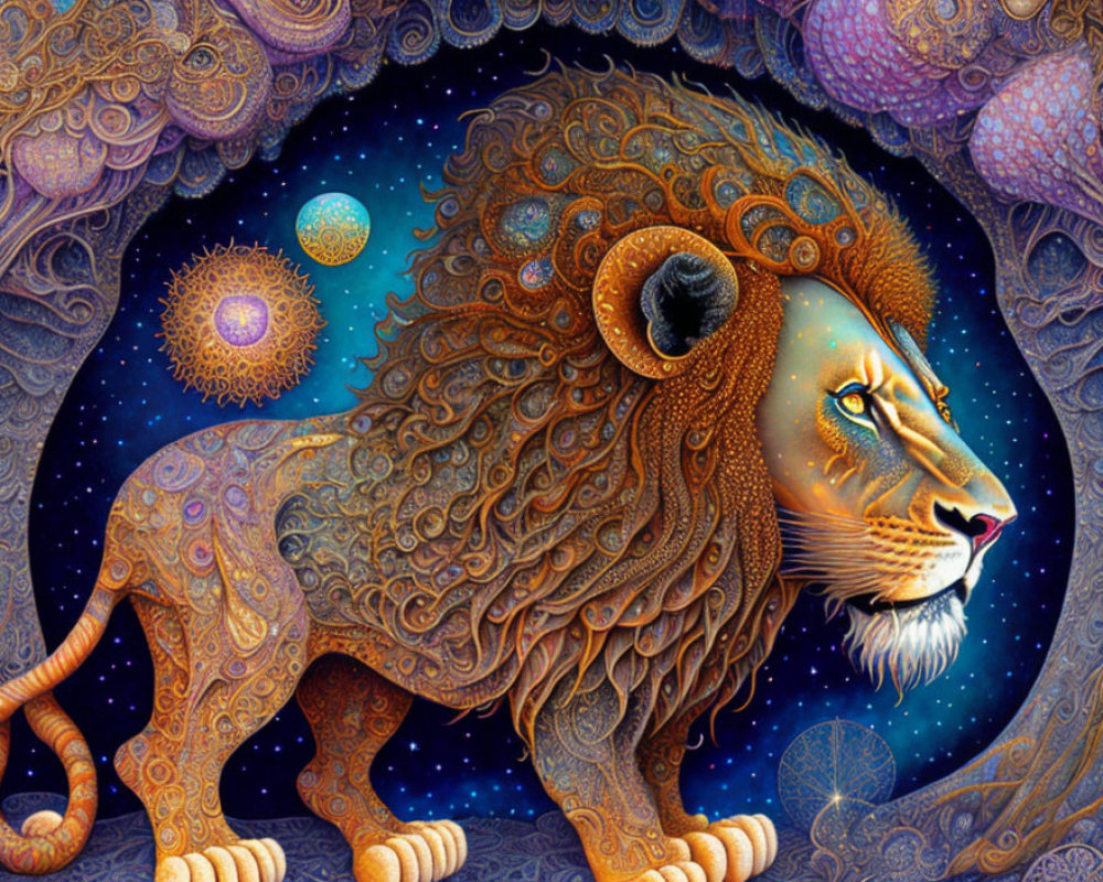 Stylized lion with intricate patterns in cosmic setting