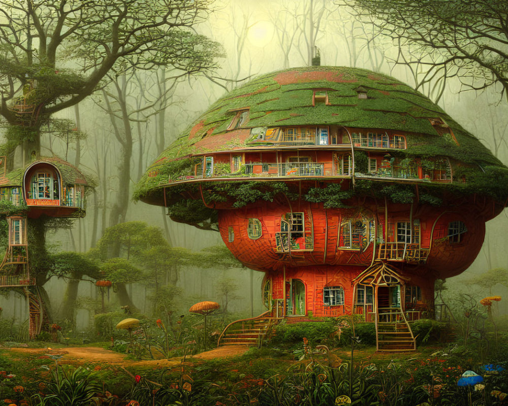 Whimsical mushroom house in foggy forest with intricate details