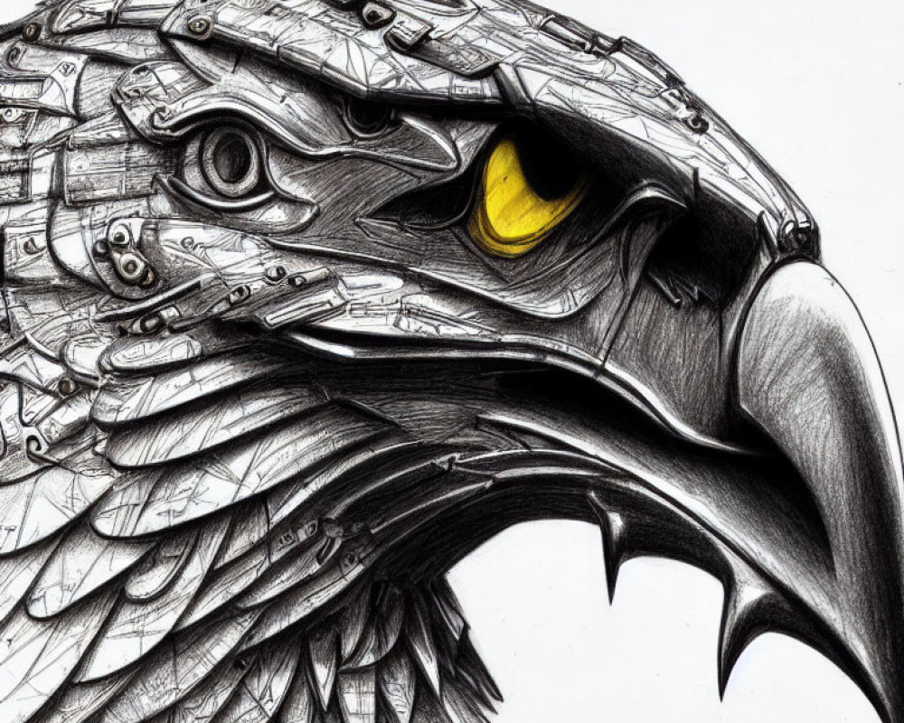 Detailed Mechanical Eagle Drawing with Gears and Yellow Eye