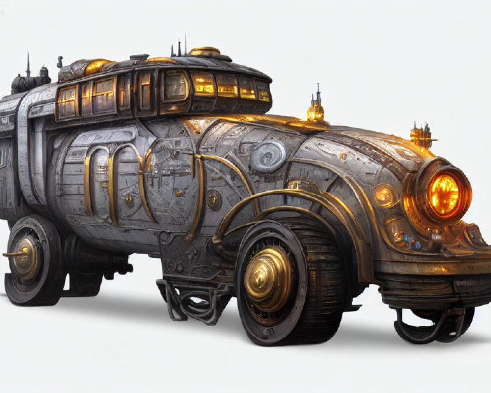 Detailed Steampunk Vehicle with Metallic Finish and Golden Accents