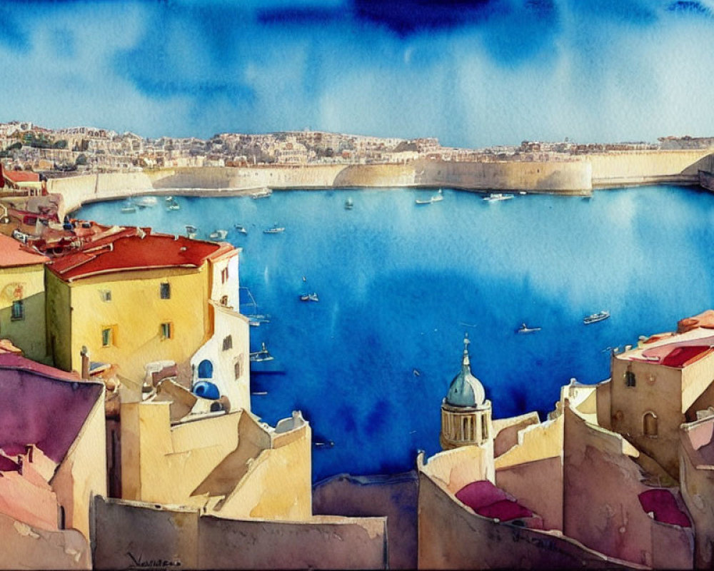 Coastal Town Watercolor Painting with Terracotta Roofs & Blue Bay