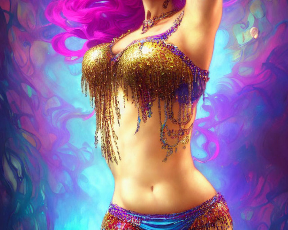 Vibrant illustration of woman in bejeweled costume with headdress on colorful backdrop