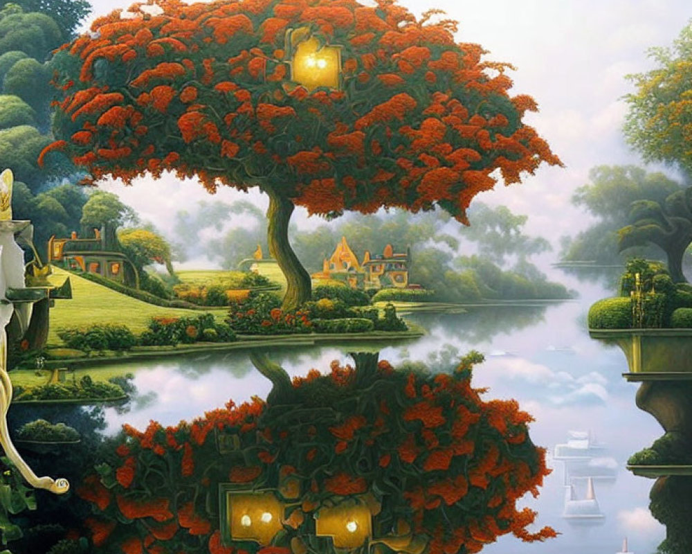 Colorful painting of tree, lantern, reflection in water, houses, serene landscape