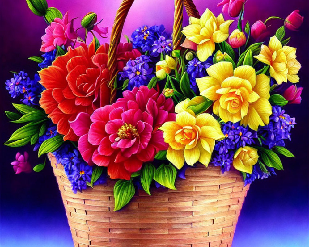 Colorful Flower Arrangement in Wicker Basket on Purple Background