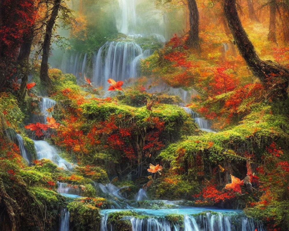 Vibrant autumn forest with waterfalls and mist