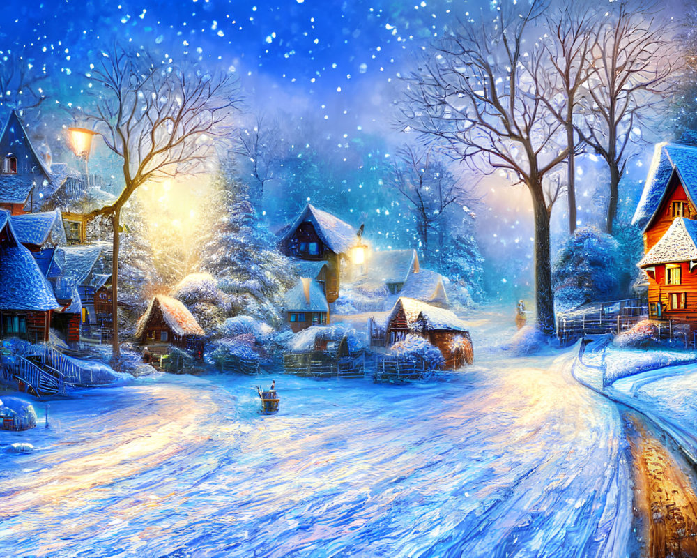 Snowy Winter Village Scene with Cozy Homes and Glowing Lanterns