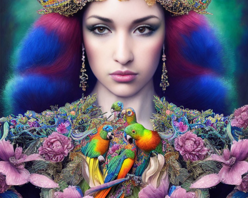 Colorful Woman with Peacock Headdress and Floral Surroundings
