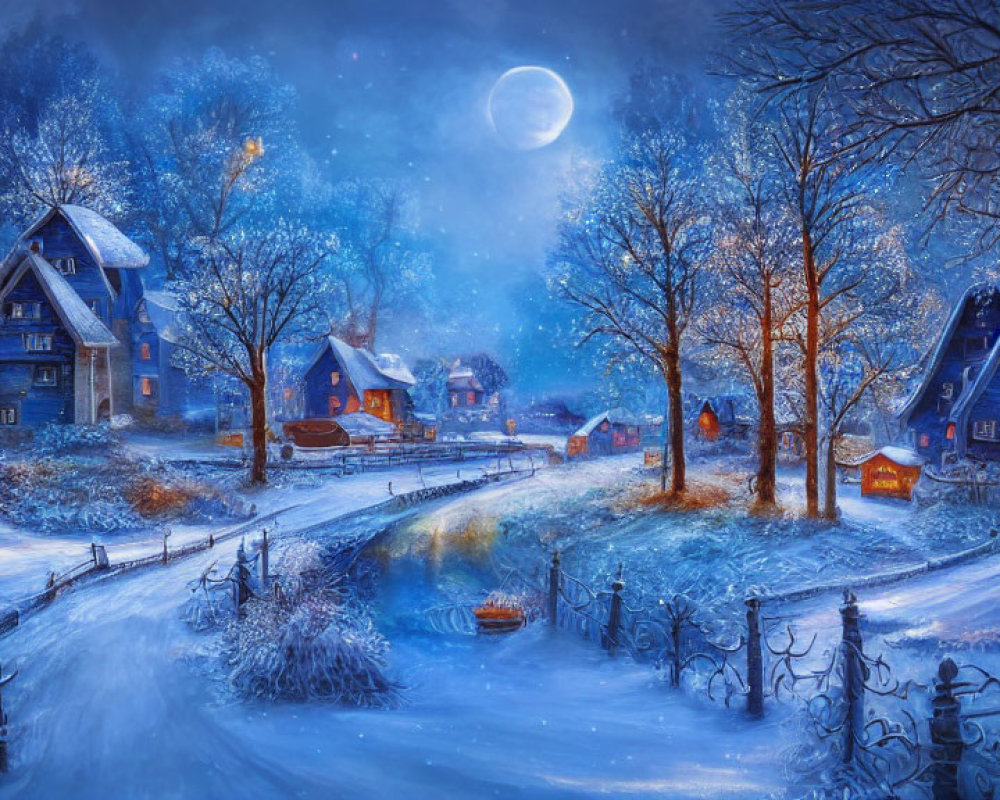 Snow-covered village under full moon on winter night