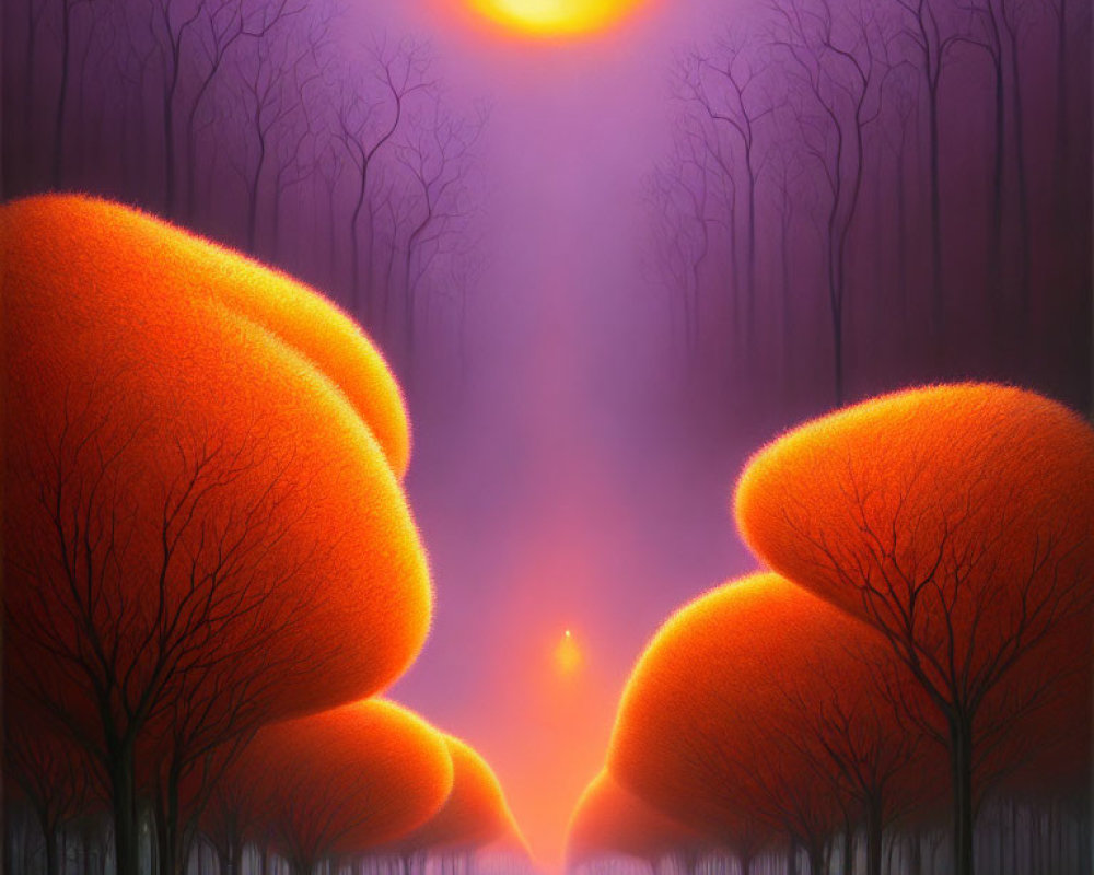 Person walking through mystical forest with vibrant orange dome-shaped trees under oversized sunset