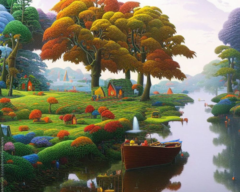 Colorful oversized trees, small houses, and boats in serene landscape